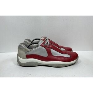 Prada America's Cup Low Sneakers Leather Grey Red Men's Size 10 US / 9UK
